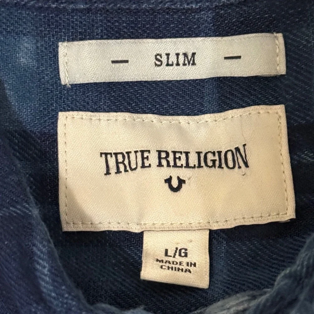True Religion Mens Slim Fit Acid Wash Plaid Short Sleeve Button Down Shirt Large